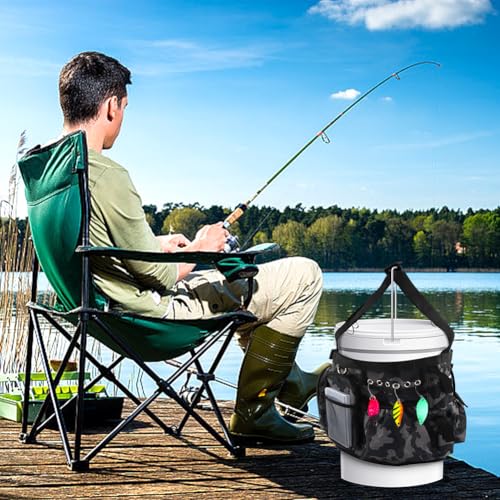 Fishing Bucket Organizer for 5 Gallon Bucket,Outdoor Ice-Fishing Tackle Bag with Bait Buckets Cover,Adjustable Buckle,Multi-Pockets for Fishing Gear & Accessories Storage