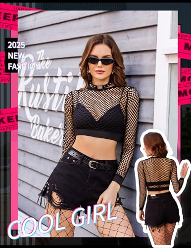 Avidlove Fishnet Top Women Mesh Blouse See Through Shirt Rave Goth XS-3XL | Big Chunky Fabric, Long Sleeve, Cropped, Crew Neck, With Bound Trim, Sexy Edgy Style, Perfect for Goth, Punk, Rock, Clubwear - color: A-black, size: Medium