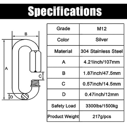 Anvin 1 Pack Large Quick Links M12 1/2 Inch Heavy Duty Carabiner Stainless Steel Chain Links Connector D Shape Locking Chain Hooks Repair Utility Screw Links for Camping Outdoor Equipment Hammocks - style: Oval, 4.2 Inch, 1 Pack