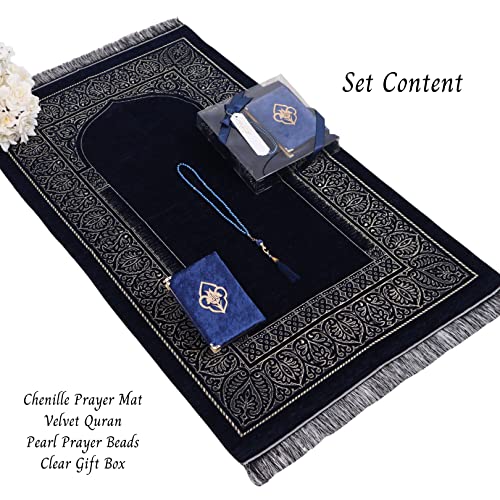 IEF Personalized Prayer Rug Quran Prayer Beads Islamic Gift Set, Ramadan Eid Wedding Birthday Mother's Day Father's Day Anniversary Day Gifts - color: Navy Blue