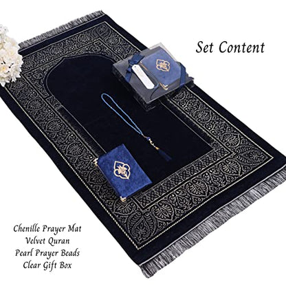 IEF Personalized Prayer Rug Quran Prayer Beads Islamic Gift Set, Ramadan Eid Wedding Birthday Mother's Day Father's Day Anniversary Day Gifts - color: Navy Blue