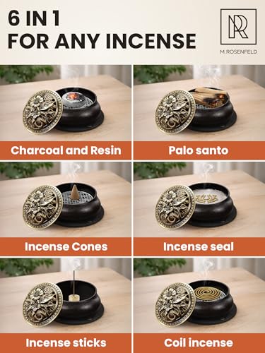 Resin Incense Burner Bowl Set for Charcoal, Frankincense & Resin – Heat-Resistant Censer Incense Holder for Cones & Sticks with Clean Ash Catcher for Home Fragrance, Relaxation & Traditional Use - color: Burner Black