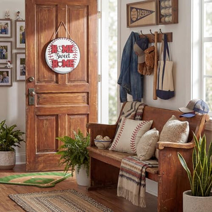 Smile Wooden Baseball Door Sign - "Home Sweet Home" Circular Rustic Decor for Sports Fans - style: Baseball Classic