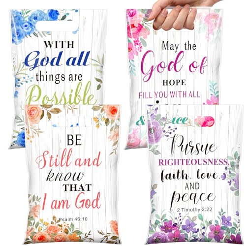 Pasimy 100 Pcs Religious Bible Verse Gift Bags, Floral Plastic