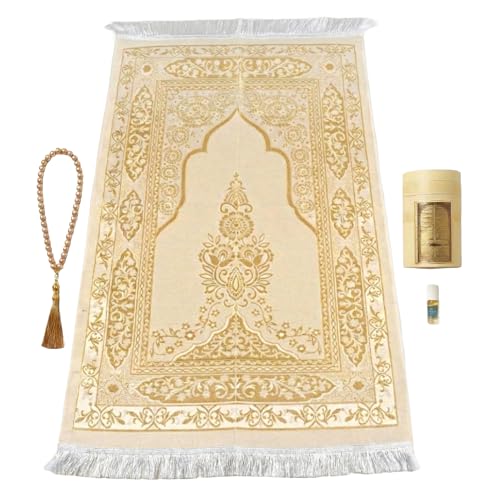 Islamic Prayer Rug 4 Pcs Gift Set with Kaaba Design Box | Sajadah, Tasbih, Perfume | Suitable for Ramadan, Eid, Travel, or Home (Gold, Standart) - color: Gold