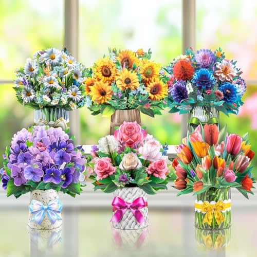 Pop Up Card Floral Bouquets for Women, Dasiy Sunflower Voilet Tulip Dahlia Rose Greeting Set for Grandmother Mom Wife Sister Mother's Day Birthday Gift, Includes Envelopes and Blank Note Card - style: Dasiy Sunflower Voilet Tulip Dahlia Rose
