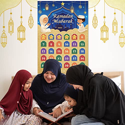 AhfuLife Ramadan Eid Mubarak Countdown Calendar Decoration for Kids, 2024 Eid Mubarak Gift Decorations, Eid Mubarak Banner Decorations, Pre-tied Bunting Eid Mubarak Banner Party Supplies for Home