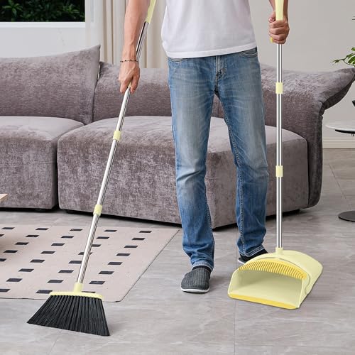 BSKLIN Broom and Dustpan Set for Home, 52" Long Handle Broom Set with Dustpan Teeth to Clean Hair Sweeping Indoor and Outdoor (Yellow) - size: Small-yellow