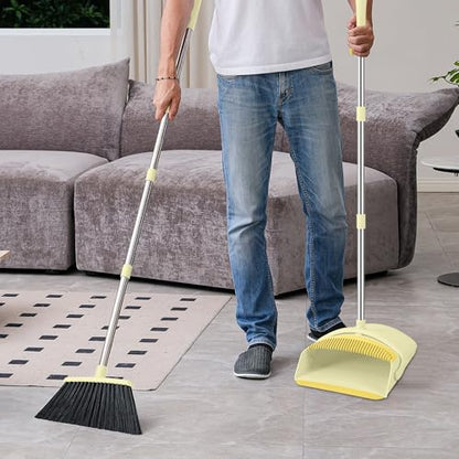 BSKLIN Broom and Dustpan Set for Home, 52" Long Handle Broom Set with Dustpan Teeth to Clean Hair Sweeping Indoor and Outdoor (Yellow) - size: Small-yellow