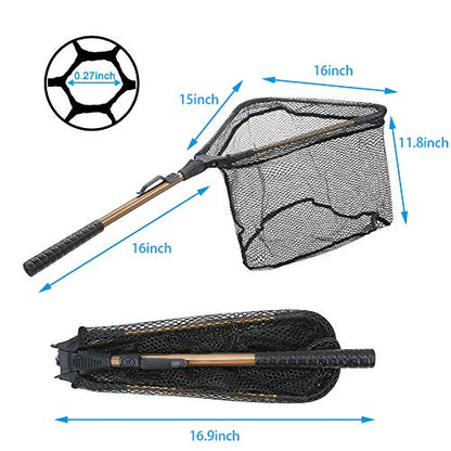 YVLEEN Folding Fishing Net - Foldable Fish Landing Net Robust Aluminum Telescopic Pole Handle and Nylon Mesh 16inch Hoop Size - color: A:16”/40cm Hoop Size (Fixed Handle) Gold