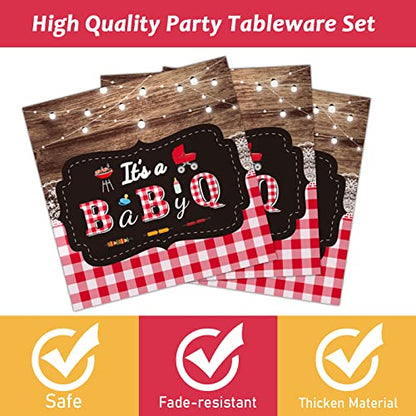 Tevxj 96 PCS BBQ Baby Shower Plates Napkins BabyQ Party Tableware It’s A Baby Q Disposable Paper Plates Napkins Sunflower Rustic Barbecue Gender Reveal Baby Shower Party Decorations Supplies Favors - style: BBQ