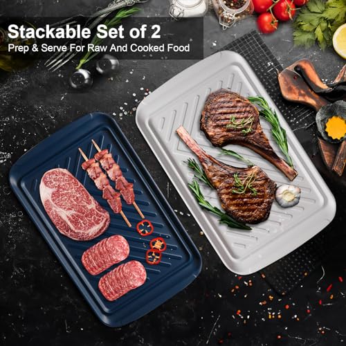 LEHAHA Grilling Prep and Serve Trays, Melamine BBQ Tray for Raw and Cooked Food, Food Serving Platter and plate for Outdoor Party,Large Melamine Serving Platter, Set of 2, 17.2 x 10.5'',Blue and White - color: Blue and White