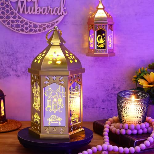 Threan 2 Pcs Ramadan Lantern Lights, 6.9" & 11" Golden LED Ramadan Eid Decorations with Star and Moon Pattern, Hanging Lights for Muslim Home, Patio, Table, Wedding Centerpieces Islamic Festival Decor