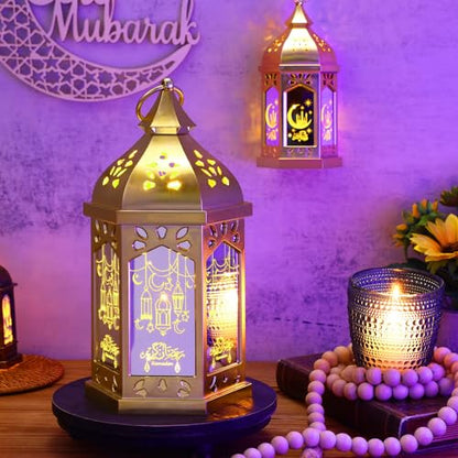 Threan 2 Pcs Ramadan Lantern Lights, 6.9" & 11" Golden LED Ramadan Eid Decorations with Star and Moon Pattern, Hanging Lights for Muslim Home, Patio, Table, Wedding Centerpieces Islamic Festival Decor