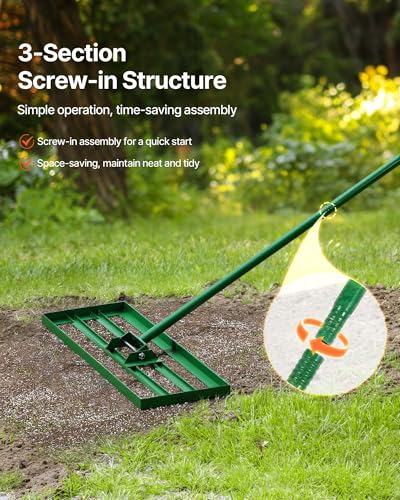 VEVOR Lawn Leveling Rake, 30"x10" Level Lawn Tool, Heavy-Duty Lawn Leveler with 78" Steel Extended Handle, Yard Leveling Rake Suit for Garden, Golf Lawn, Farm - size: 30x10in