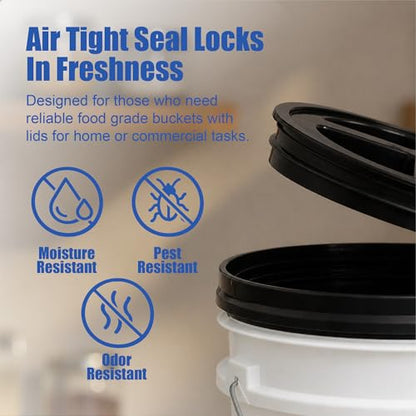 5 Gallon Bucket - Food Grade w/Lid BPA-Free, White/Black, 3 | Airtight Gamma Seal Screw-On Lid, Heavy-Duty 90 Mil HDPE Plastic, Food Safe and Durable Container, Bulk Storage, Made in USA - color: White/Black, size: 3 Packs