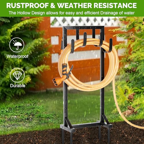 Heavy-Duty Garden Hose Holder with Stable Base and Tool Hooks, Freestanding Metal Hose Hanger Garden Hose Storage Holds 151Ft Hose, Rustproof Water Hose Holder for Outside Yard Lawn, Black - color: All Black