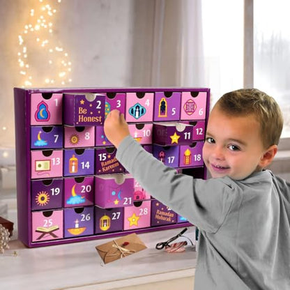MOVINPE Ramdan Calendar with Drawers 2026 Ramadan Gifts for Kids, 30 Pre-Assembled Empty Boxes Eid Mubarak Coutdown Calendar Fillable Islamic Art Gift Box, Ramadan Party Supplies (Purple) - color: Purple