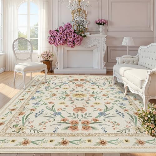 Beige Floral Area Rug 5x7,Neutral Washable Girls Bedroom Rug for Nursery, Playroom or Kids Room,Soft Non-Slip Carpet for Baby Room and Modern Home Decor - color: Beige, size: 5' x 7' (Rectangular)