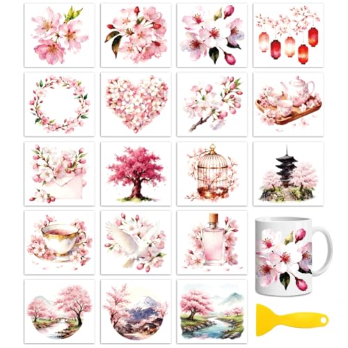 Peacoblue Cherry Blossom Rub On Transfers for Craft, Transfer Sticker | 18 Sheets UV DTF Transfers, Waterproof Rub On Decals for Wood, Glass, Furniture, Tumblers & Home Decor Crafts - style: Cherry Blossom