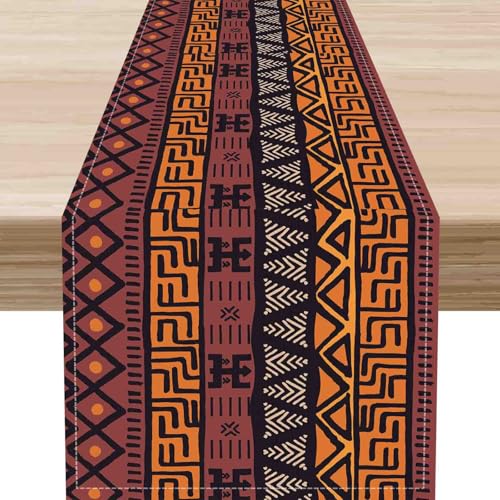 African Table Runner, Traditional Tribal African Mud Pattern Abstract Geometric Print Ethnic Coffee Table Center Decor for Home Kitchen Dining Patio Holiday Party Indoor Outdoor Table, 13"x36" Inch - color: African-1, size: 13x36" Table Runner