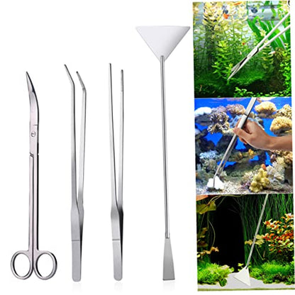 Stainless Steel Aquarium Plant Tweezers Set 4PCS Aquatic Tools Scissors and Spatula for Aquascaping for Fish Tank Maintenance and Plant Arrangement