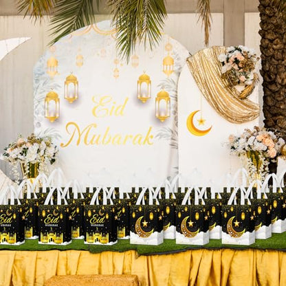 Locmeo Eid Mubarak 재사용 가능한 선물 가방 손잡이 포함 24개 - 부직포 Al Fitr 무슬림 간식 가방 다기능 라마단 무바라크 파티 용품 선물 포장 (블랙) - color: 블랙.
