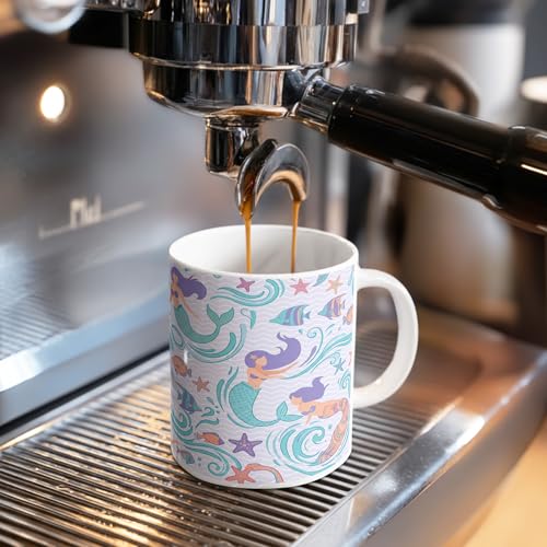 Mermaid Ceramic Coffee Mug, Underwater Playful Fish Starfish Summer Aqua Novelty Office Drinking Cup with Handle Ideal for Friendship Family Colleague Staff Sweetheart Teachers 11 Oz - size: 11 Ounces