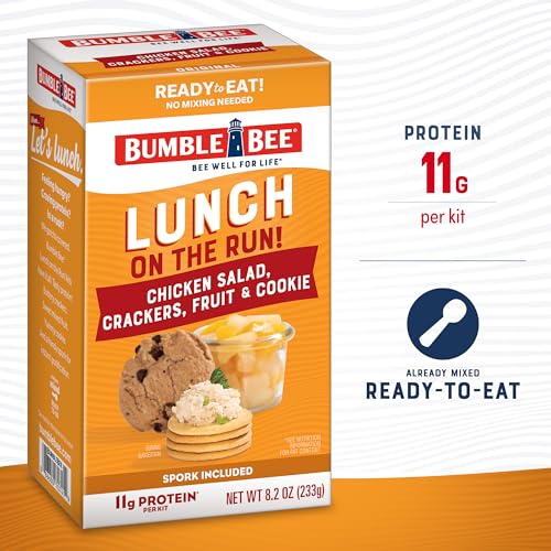 Bumble Bee Lunch On The Run Chicken Salad with Crackers Kit, 8.2 oz (Pack of 4) - Ready to Eat, Includes Crackers, Cookie & Mixed Fruit - Shelf Stable & Convenient Source of Protein, Easy Open Can - size: 8.2 oz (Pack of 4)