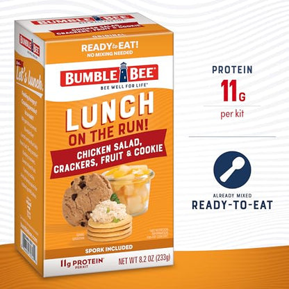 Bumble Bee Lunch On The Run Chicken Salad with Crackers Kit, 8.2 oz - Ready to Eat, Includes Crackers, Cookie & Mixed Fruit - Shelf Stable & Convenient Source of Protein (Pack of 6), Easy Open Cans - size: 8.2 oz (Pack of 6)