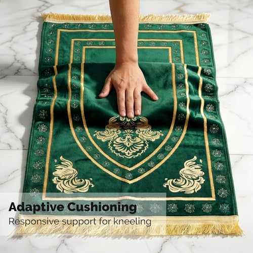 UrmiX Memory Foam Knee Support Prayer Rug/Mat– Orthopedic Style Thick Padded Janamaz Sajada, Premium Velvet Islamic Rug with Non-Slip Base, Tasbih Beads & Gift Box Included (Green) - color: Emerald Green