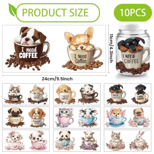 arricraft 10 Pcs Colorful Coffee Cup Animal Theme Cup Printing UV Transfer Papers, 10 Styles Dog Cat Rabbit UV DTF Cup Wrap Stickers for 16 OZ Glass Cups Crafts 9.5x4.3inch - style: Coffee Cup Animal Theme