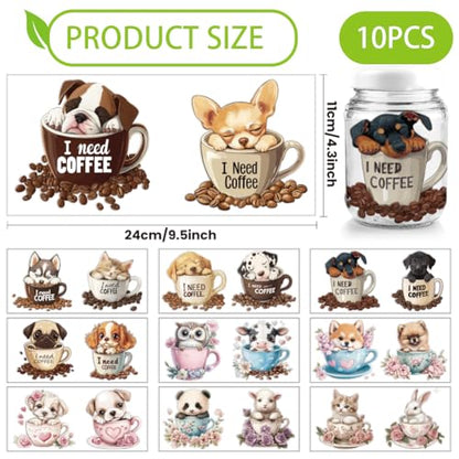 arricraft 10 Pcs Colorful Coffee Cup Animal Theme Cup Printing UV Transfer Papers, 10 Styles Dog Cat Rabbit UV DTF Cup Wrap Stickers for 16 OZ Glass Cups Crafts 9.5x4.3inch - style: Coffee Cup Animal Theme