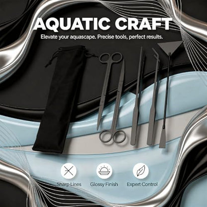 5 Pcs Aquarium Tools Kit, Black Stainless Steel Aquatic Plants Tools for Aquascaping, Flat Sand Shovel, Straight and Curved Tweezers, Scissors, Drawstring Bag Included