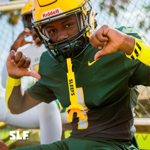 SLEEFS X Yellow Football Mouth Guard - Lip/Mouthguard with Helmet Strap - Lip/Teeth Protector Mouthpiece - Moldable - for Youth/Adults, Men & Women Mouth Guard, Maximum Air Flow, Lacrosse, All Sports - color: Yellow