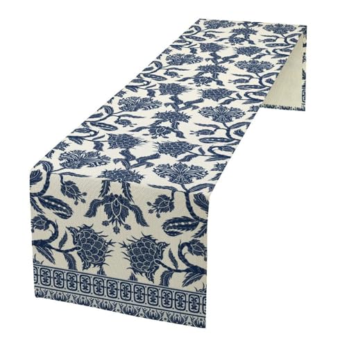 Chinoiserie Table Runner, Asian Chinese Blue Ceramic Japanese Branches Flowers Table Runner for Farmhouse Kitchen Dining Table Home Party Decor, 13x36inch - color: Asian-33, size: W13"x L36"