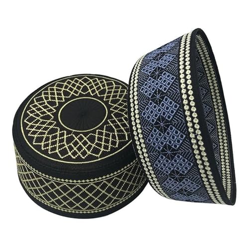 RUIXIA Men Boys Muslim Prayer Kufi Hat Skull Cap Embroidery Islam Kufi Headware takke Praying Beanie Hat Kofia Topi Hat - color: Blue/Black-adults