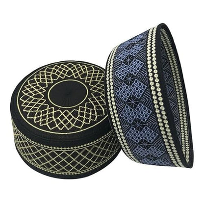 RUIXIA Men Boys Muslim Prayer Kufi Hat Skull Cap Embroidery Islam Kufi Headware takke Praying Beanie Hat Kofia Topi Hat - color: Blue/Black-adults