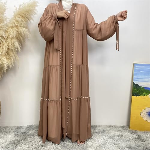 Abayas For Women Muslim Ramadan Long Sleeve Open Front Imitation Pearls Tiered Chiffon Dress Cardigan with Belt Dubai Kaftan - color: Brown, size: Small