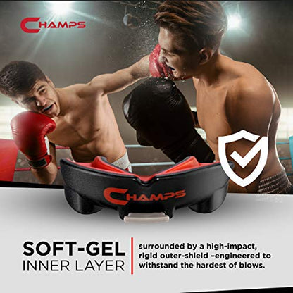 Champs MMA Breathable Mouth Guard for Boxing, MMA, Jiu Jitsu, Muay Thai, Wrestling & Combat Sports – Easy Fit, Boil & Bite Design Mouthpiece – Durable Boxing Mouthguard for Men & Adults, Case Included - color: Black