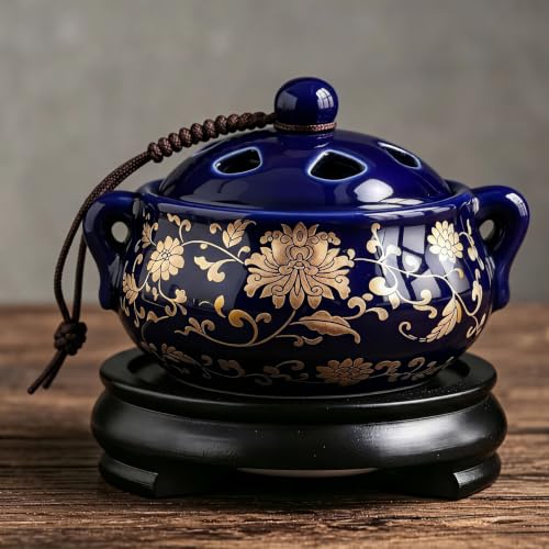 Electric Resin Burner with Timing,Ceramic Electric Incense Burner,Bakhoor Burner Censer 110 V for Home Porch,Patio,Garden,Office,Yoga, Living Room, Meditation Room (Blue Gold) - color: Blue Gold