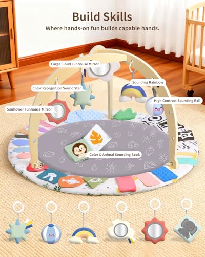 Baby Play Gym Activity Mat, WOOD CITY Tummy Time Play Mat for Babies 0-6 Months with 6 Detachable Newborn Infant Toys, Promote Motor Skills & Sensory Development Baby Essentials Gift