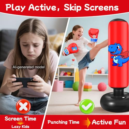 Inflatable Punching Bag for Kids: Qoosea 48 Inches Kids Bop Bag Boxing Gloves & Air Pump Dinosaur Toy Gift for Toddler & Kid Ages 3-8,Freestanding Punching Bag Easy to Inflate,Boxing Bag - color: Red