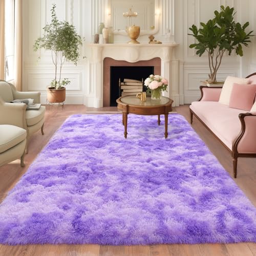 Dssimo 5x7 Area Rugs for Living Room, Purple Tie-Dyed Plush Fluffy Carpet - color: Tie-dye Purple, size: 5' x 7' (Rectangular)