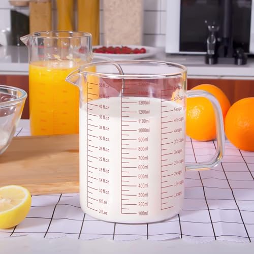 Luvan 6 Cups Glass Measuring Cup, Easy to Read with 3 measurement scales (Ml/Oz/Cup), Insulated Handle and V-shaped Spout, High Borosilicate Glass Measuring Cup, Ideal for Kitchen or Restaurant - color: 50Oz/6Cups/1.5L
