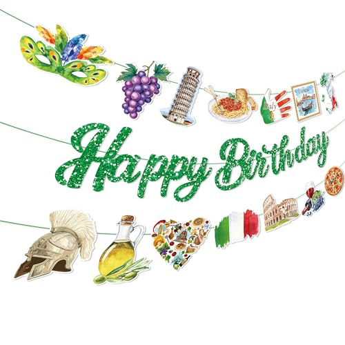 3Pcs Italy Happy Birthday Banner Pizza Pasta Wine Helmet Party Hanging Banner Italian Theme Birthday Bridal Wedding Baby Shower Boys Girls Kids Home Classroom Party Supplies Decoration - color: Italy