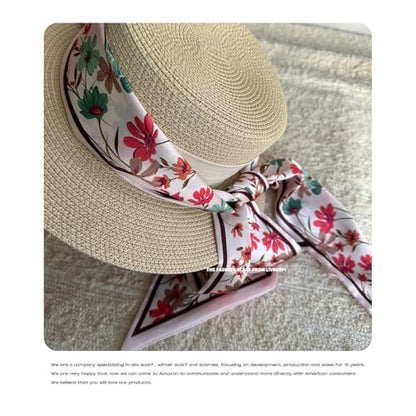 Silk Feeling Head Scarf Fashion Satin Hair Scarf Square Long Scarves for Women Gifts - color: 02 Pink Daisy Flower 5.12 X 59 Inch