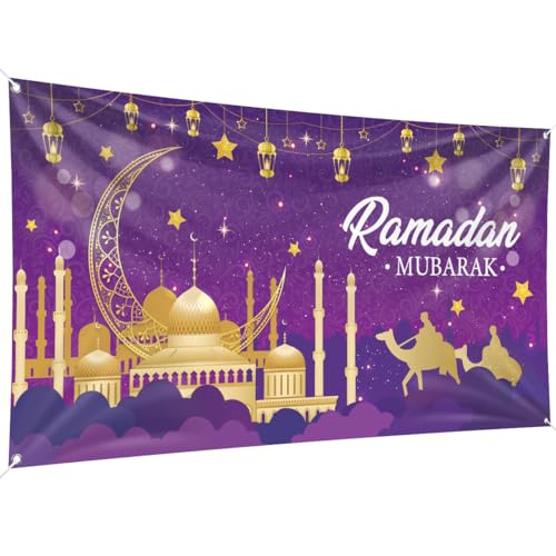 Ramadan Mubarak Decorations, Large Fabric Muslim Ramadan Kareem Backdrop Banner Eid Mubarak Sign Photo Booth Backdrop Background for Muslim Ramadan Party Supplies, 78 x 43INCH