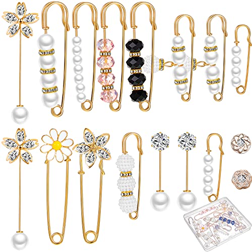17 Pieces Pearl Brooch Pins Sweater Shawl Clips Faux Pearl Rhinestones Collar Safety Pin for Women Clothing Dresses Decoration Accessories with Storage Box - color: Stylish Style