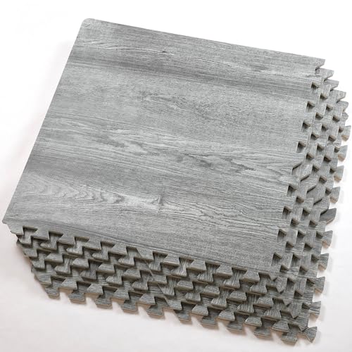 100 Sq. Ft 3/8 Inch Thick Printed Foam Tiles Interlocking Foam Mat, (24" x 24", 25 pcs), Natural Gray Wood Grain Style, Protective Flooring for Home, Exercise or Trade Show - color: Natural Gray